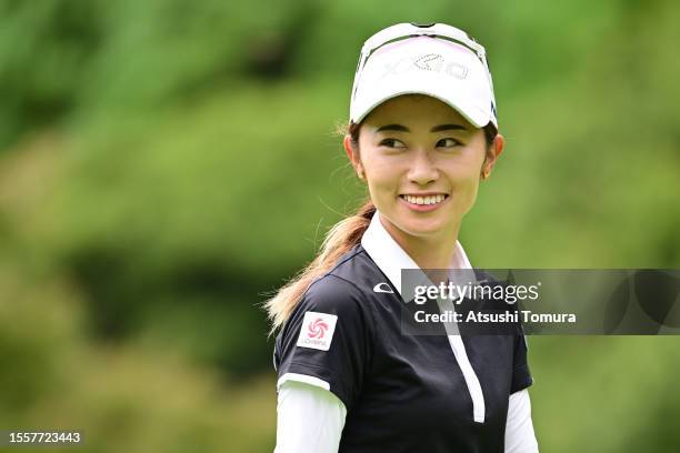 Yuka Yasuda of Japan smiles after making her birdie putt on the 3rd hole during the first round of DAITO KENTAKU eheyanet Ladies at the Queen's Hill...