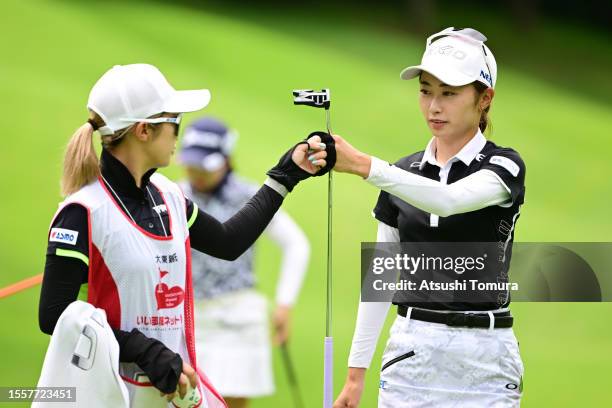 Yuka Yasuda of Japan celebrates after making her birdie putt on the 3rd hole during the first round of DAITO KENTAKU eheyanet Ladies at the Queen's...