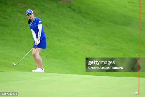 Kana Mikashima of Japan chips on the 3rd hole during the first round of DAITO KENTAKU eheyanet Ladies at the Queen's Hill Golf Club on July 20, 2023...