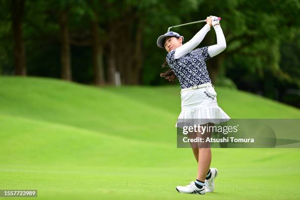 Nana Suganuma of Japan hits her second shot on the 3rd hole during the first round of DAITO KENTAKU eheyanet Ladies at the Queen's Hill Golf Club on...