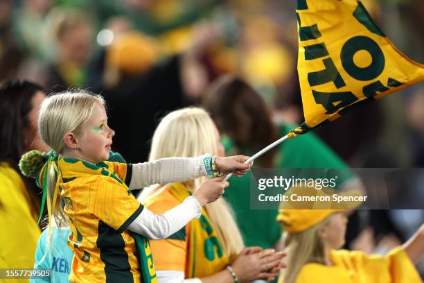 Australia fans show their support prior to the FIFA Women's World Cup Australia & New Zealand 2023 Group B match between Australia and Ireland at...