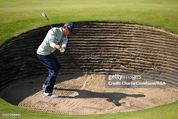 Rickie Fowler of the United States plays his shot on the 1st during Day One of The 151st Open at Royal Liverpool Golf Club on July 20, 2023 in...