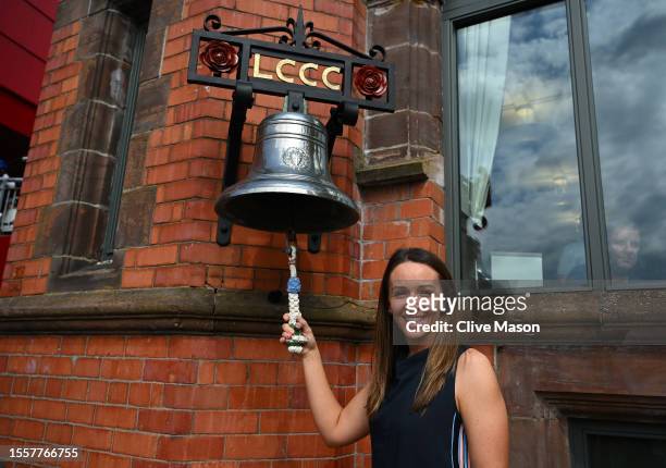 Kate Cross of England Women rings the bell at the start of play ahead of the second day of the LV=Insurance Ashes 4th Test Match between England and...