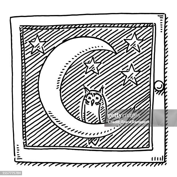 night window owl on moon drawing - looking through window night stock illustrations