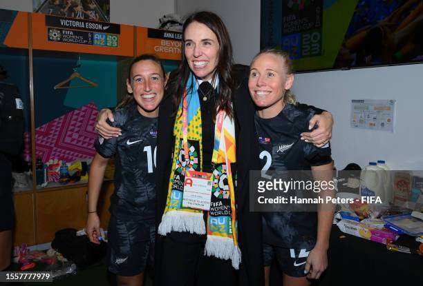 Former New Zealand Prime Minister Jacinda Ardern congratulates Annalie Longo and Betsy Hassett of New Zealand after the team's 1-0 victory in the...