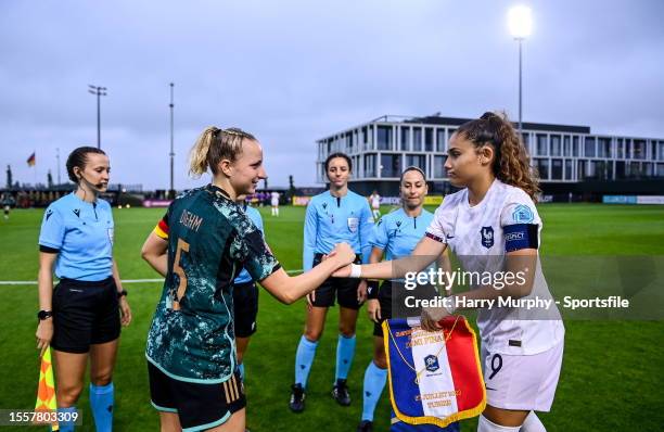 Captains Vanessa Diehm of Germany and Louna Ribadeira of France shake hands before during the UEFA Women's European Under-19 Championship 2022/23...