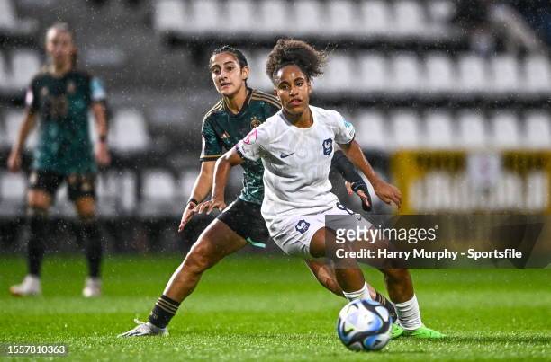 Chloe Neller of France in action against Ilayda Acikgöz of Germany during the UEFA Women's European Under-19 Championship 2022/23 semi-final match...