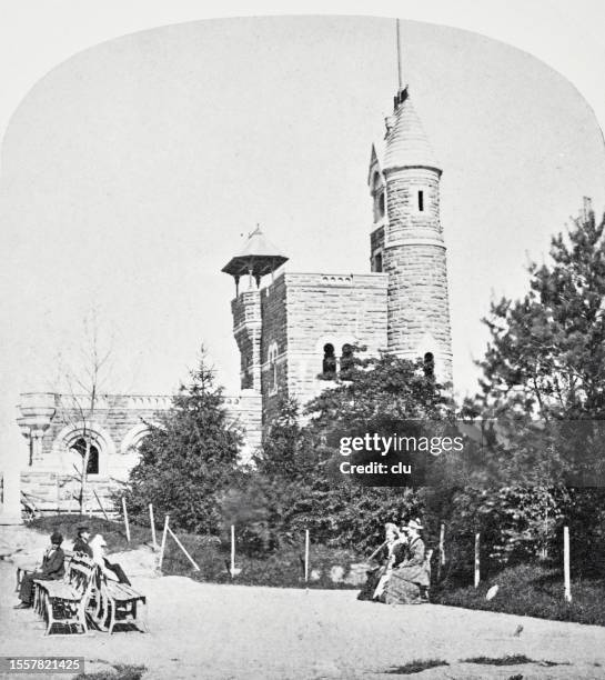 new york city, the belvedere, central park, 1880 - belvedere-castle-central-park stock illustrations