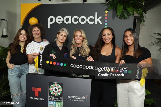 Peacock Watch Party" -- Pictured: Sophia Bush, Michelle Akers, Ashlyn Harris, Kelly Campbell, President, Peacock and Direct-to-Consumer,...