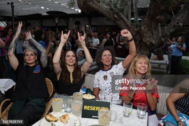 La Copa Mundial Femenina de la FIFA Peacock Watch Party" -- Pictured: Ashlyn Harris, Sophia Bush, Michelle Akers, Linda Gancitano Gracias Madre on...