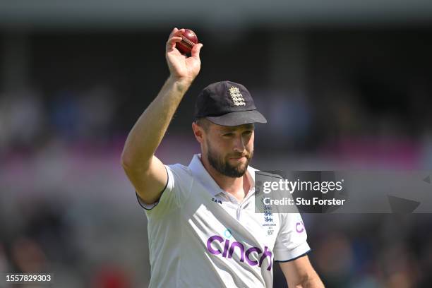 England bowler Chris Woakes holds aloft the ball after taking 5 wickets in the innings during day two of the LV= Insurance Ashes 4th Test Match...