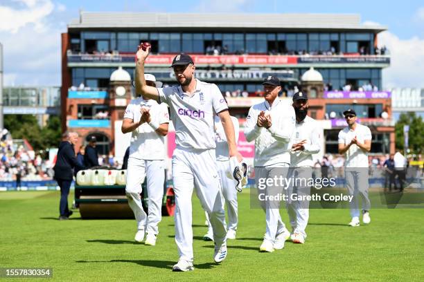 Chris Woakes of England salutes the crowd as he leaves the field after taking 5 wickets in the innings during day two of the LV= Insurance Ashes 4th...