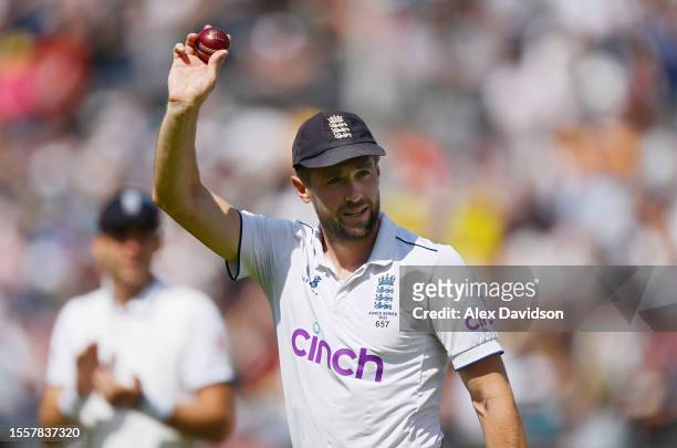Chris Woakes of England walks off after taking 5 wickets during Day Two of the LV= Insurance Ashes 4th Test Match between England and Australia at...
