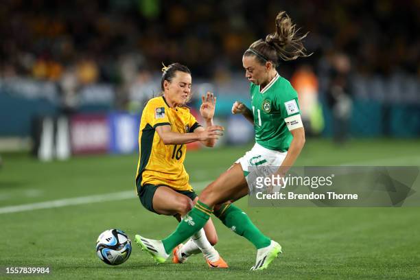 Hayley Raso of Australia and Katie McCabe of Republic of Ireland compete for the ball during the FIFA Women's World Cup Australia & New Zealand 2023...