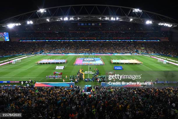 Players and match officials walk into the pitch prior to the FIFA Women's World Cup Australia & New Zealand 2023 Group B match between Australia and...