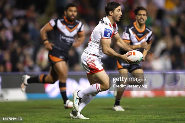 Ben Hunt of the Dragons looks to pass during the round 21 NRL match between St George Illawarra Dragons and Wests Tigers at WIN Stadium on July 20,...