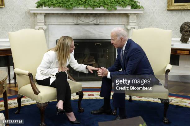 President Joe Biden, right, meets Giorgia Meloni, Italy's prime minister, in the Oval Office of the White House in Washington, DC, US, on Thursday,...