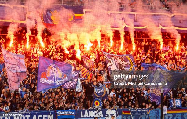 Djurgarden supporters during a UEFA Europa Conference League match between Djurgardens IF and FC Luzren at Tele2 Arena on July 27, 2023 in Stockholm,...