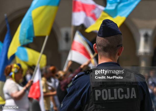 Member of the Provincial Police observes and secures Ukrainian protest on the day the Police Day celebration in Lesser Poland Province held in Wawel...