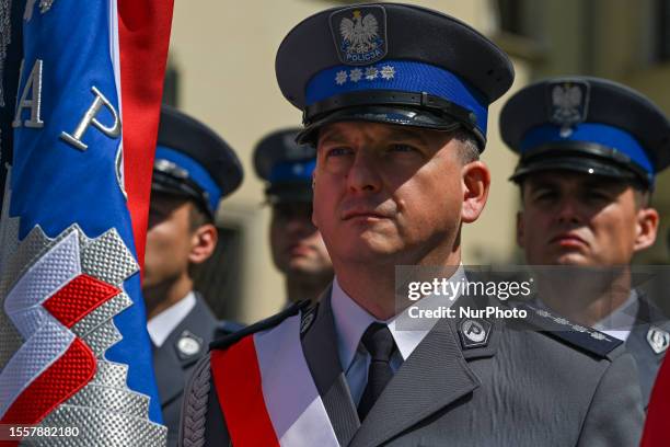 Members of the Provincial Police during the celebration of the Police Day in Lesser Poland Province held in Wawel Castle, in Krakow, on July 27 in...