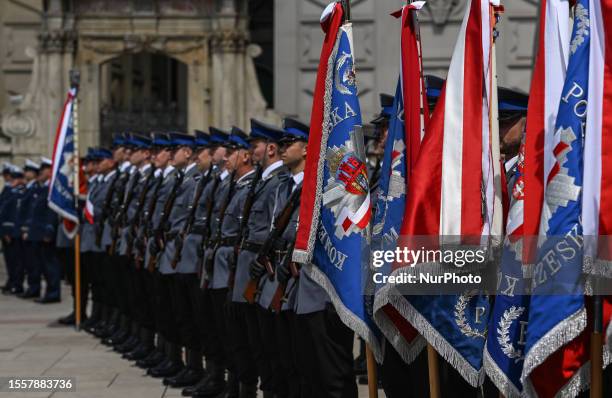 Members of the Provincial Police Color Guard during the celebration of the Police Day in Lesser Poland Province held in Wawel Castle, in Krakow, on...