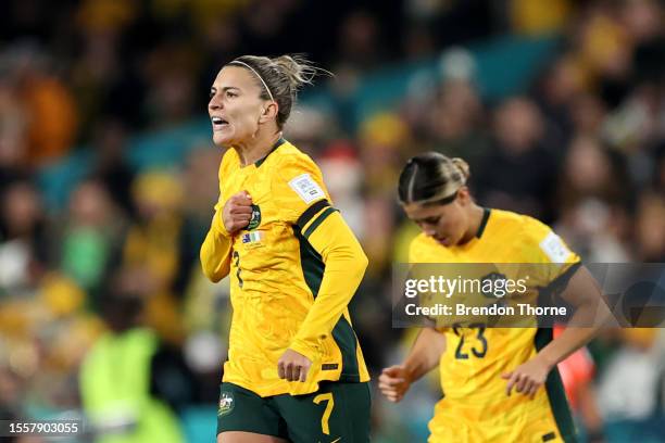 Steph Catley of Australia celebrates after scoring her team's first goal during the FIFA Women's World Cup Australia & New Zealand 2023 Group B match...