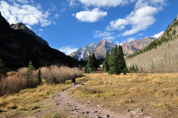 Day hiker descends a trail leading to the Maroon Bells mountain range in the Rocky Mountains near Aspen, Colorado. 5104602RA_Maroon09.jpg