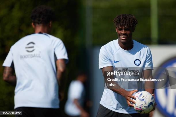 Yann Aurel Bisseck of FC Internazionale in action during the FC Internazionale training session at the club's training ground Suning Training Center...