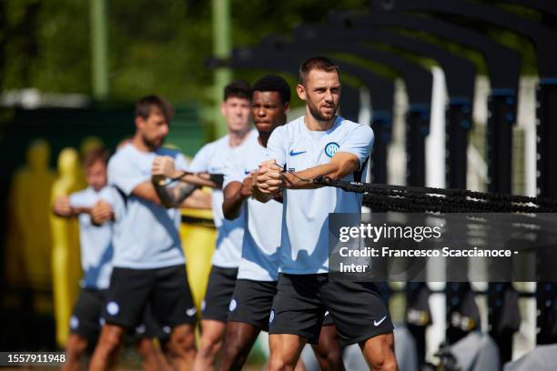 Stefan De Vrij of FC Internazionale in action during the FC Internazionale training session at the club's training ground Suning Training Center at...