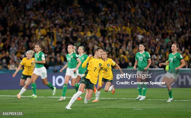 Steph Catley of Australia celebrates after scoring her team's first goal during the FIFA Women's World Cup Australia & New Zealand 2023 Group B match...