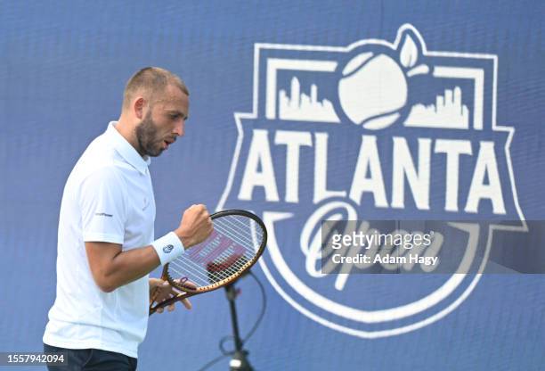 Daniel Evans of England celebrates after a shot against Dominik Koepfer during the second round of the ATP Atlanta Open at Atlantic Station on July...