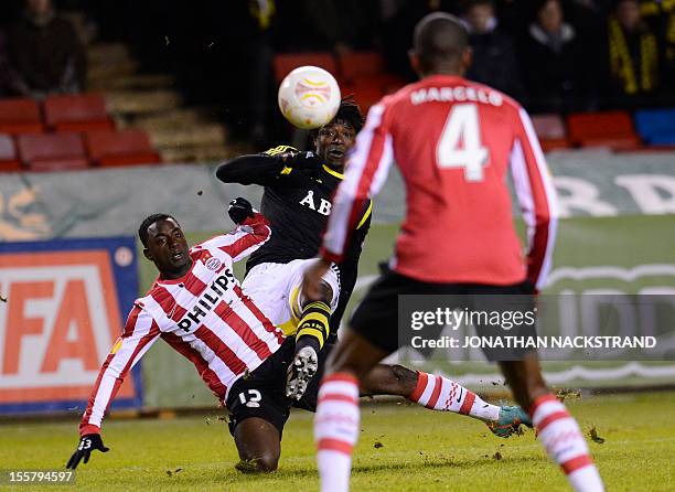 Solna's striker from Sierra Leone Mohamed Bangura shoots to score the 1-0 past Eindhoven's defender Jetro Willems during the UEFA Europa League Group...