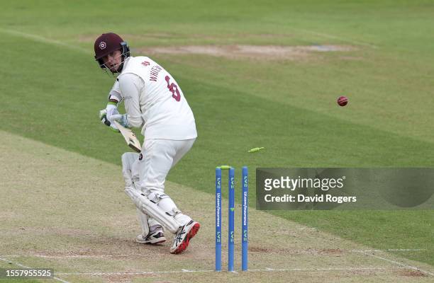Sam Whiteman of Northamptonshire is bowled by Lewis Gregory during the LV= Insurance County Championship Division 1 match between Northamptonshire...