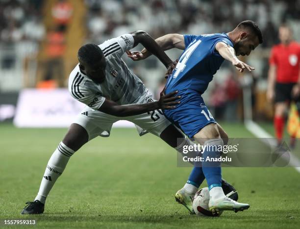 Arthur Masuaku of Besiktas in action against Rimal Haxhiu of KF Tirana during the UEFA Europa Conference League Second Qualifying Round match between...