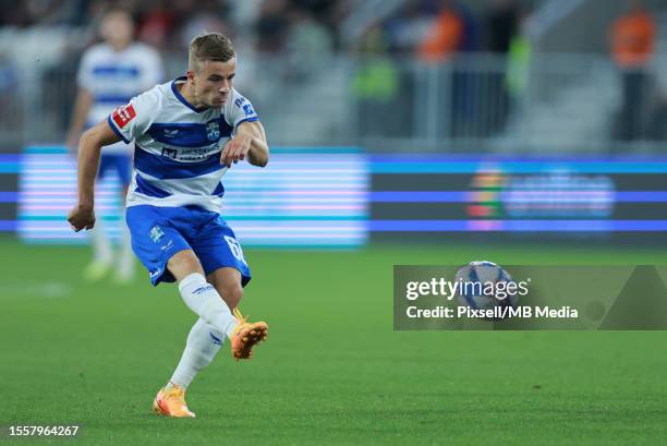 Petar Pusic of NK Osijek passes the ball during the UEFA Europa Conference League Second qualifying round first leg match between NK Osijek and ZTE...