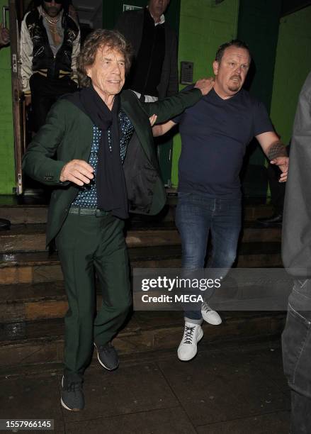 Mick Jagger is seen leaving his 80th Birthday at Embargo on July 26, 2023 in London, United Kingdom.