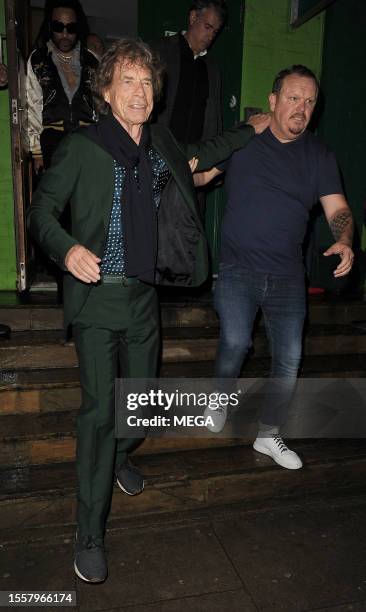 Mick Jagger is seen leaving his 80th Birthday at Embargo on July 26, 2023 in London, United Kingdom.
