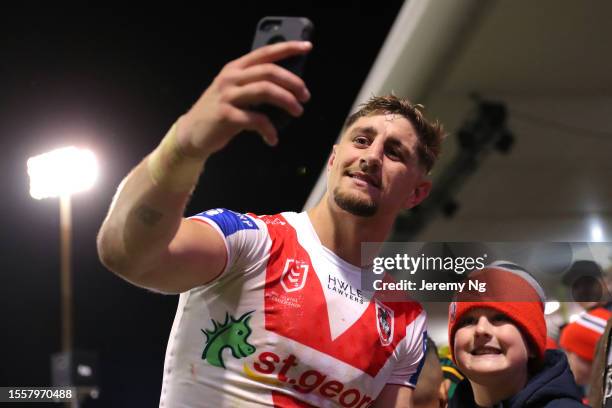 Zac Lomax of the Dragons takes a selfie after winning the round 21 NRL match between St George Illawarra Dragons and Wests Tigers at WIN Stadium on...