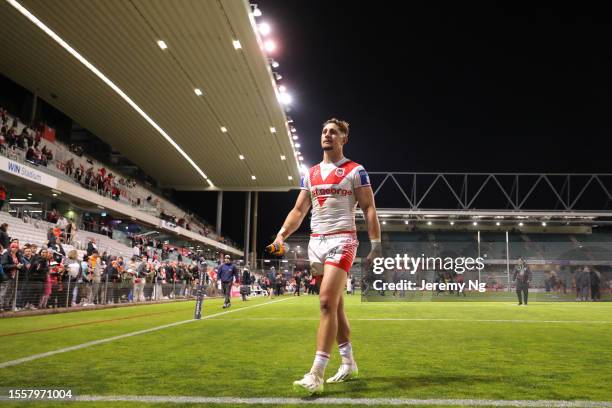 Zac Lomax of the Dragons greet fans after winning the round 21 NRL match between St George Illawarra Dragons and Wests Tigers at WIN Stadium on July...