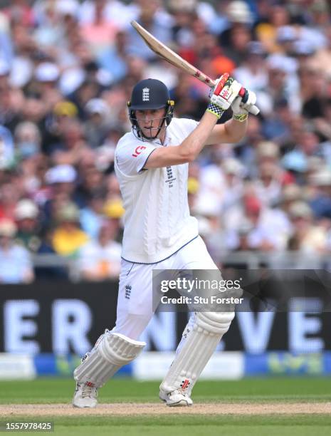 England batsman Zak Crawley drives for runs during day two of the LV= Insurance Ashes 4th Test Match between England and Australia at Emirates Old...