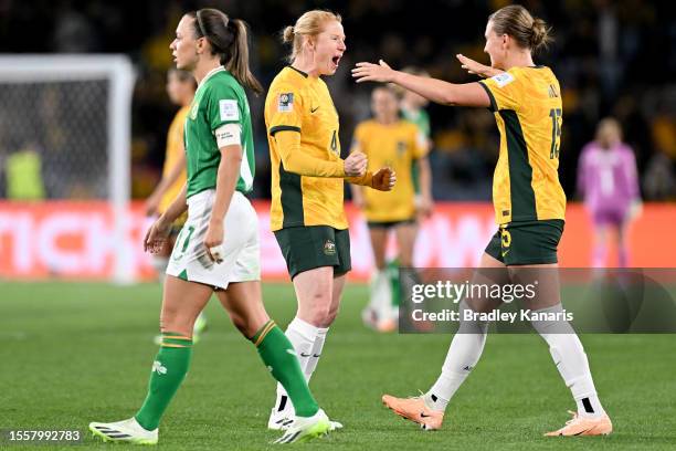 Clare Polkinghorne and Clare Hunt of Australia celebrate while Katie McCabe of Republic of Ireland shows dejection after the FIFA Women's World Cup...