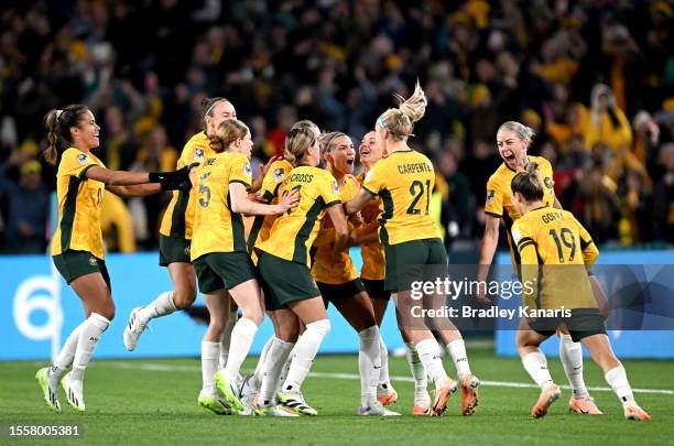 Steph Catley of the Matildas celebrates with team mates after scoring a goal during the FIFA Women's World Cup Australia & New Zealand 2023 Group B...