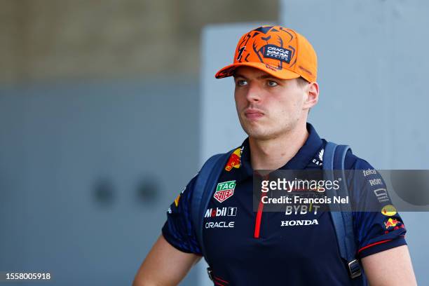 Max Verstappen of the Netherlands and Oracle Red Bull Racing walks in the Paddock during previews ahead of the F1 Grand Prix of Hungary at...