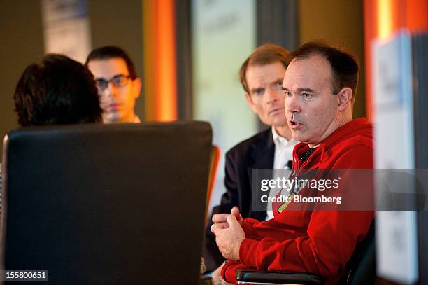 Peter Vesterbacka, co-founder and chief marketing officer of Rovio Entertainment Oy, maker of the Angry Birds video game, right, speaks as Jordan...