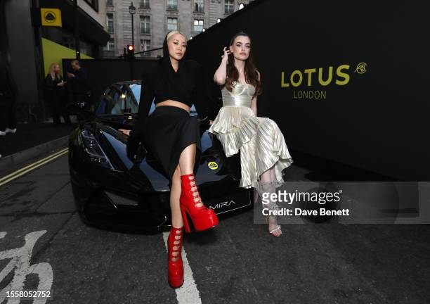 Betty Bachz and Charli Howard attend the launch of Lotus London, the first flagship in Europe for Lotus cars, on July 27, 2023 in London, England.