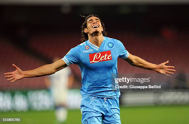 Edinson Cavani of Napoli celebrates after scoring the goal 4-2 during the UEFA Europa League Group F match between SSC Napoli and FC Dnipro...