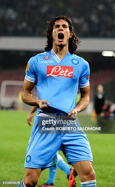 Napoli's Edinson Cavani reacts after scoring during the UEFA Europa League, Group F, football match SSC Napoli vs FC Dnipro at San Paolo Stadium in...