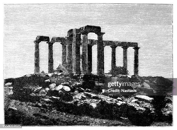 temple of athena on the sounion promontory - pediment stock illustrations