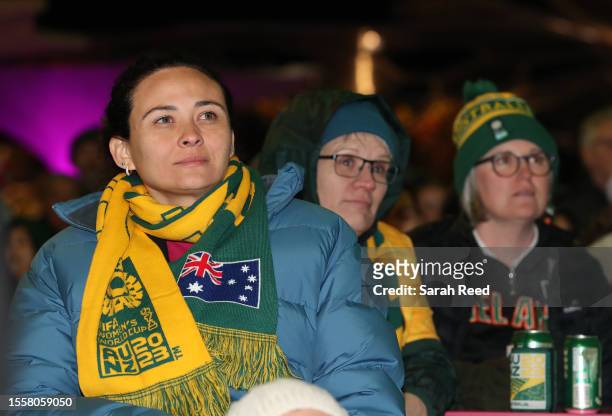 Fans watch the opening FIFA Women's World Cup Australia & New Zealand 2023 Group B match between Australia and Ireland at FIFA Festival of Football,...