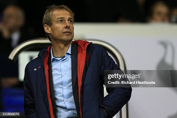 Jürgen Klinsmann looks on during the UEFA Europa League group J match between Tottenham Hotspur FC and NK Maribor at White Hart Lane on November 8,...